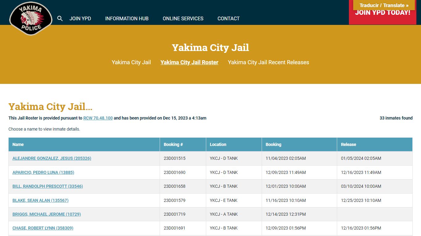 Yakima City Jail Roster | Yakima Police Department